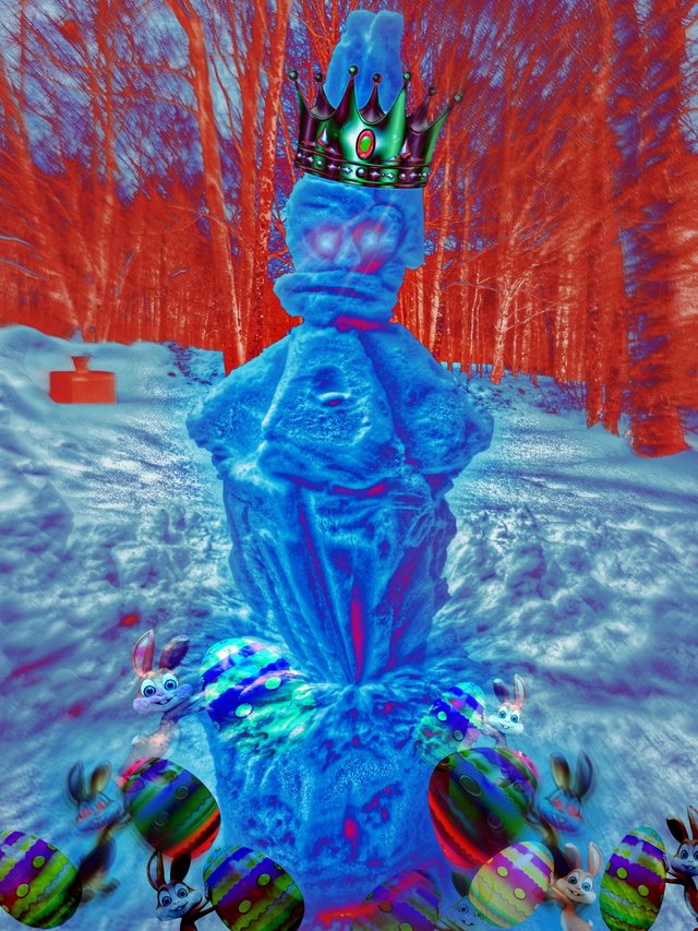 Blue crowned figure in a red forest rendered as digital art