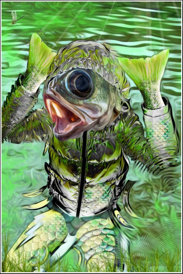 Surreal green fish figure in a digital artwork