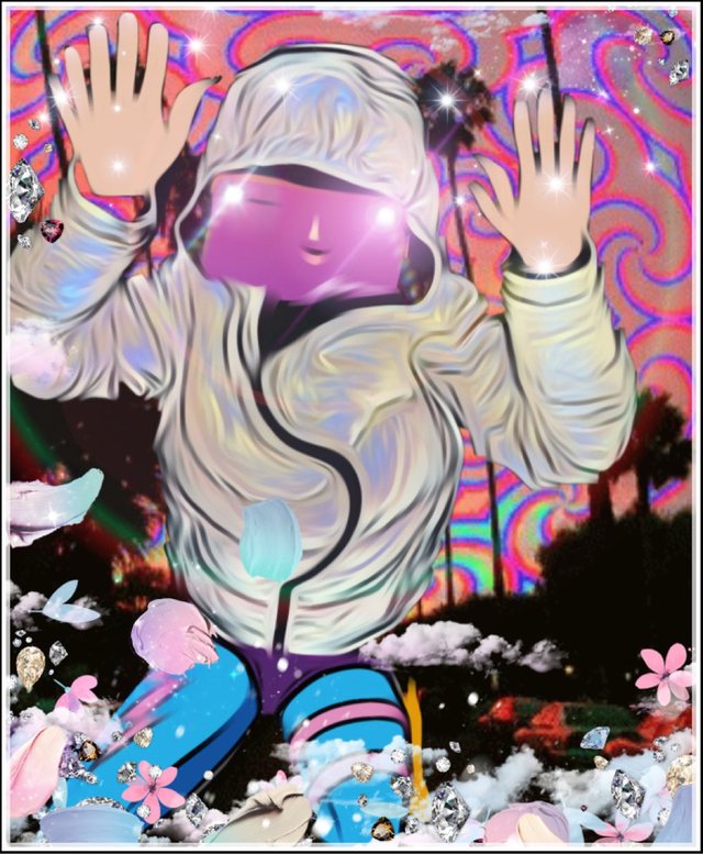 Hooded figure with raised hands in a colorful digital artwork
