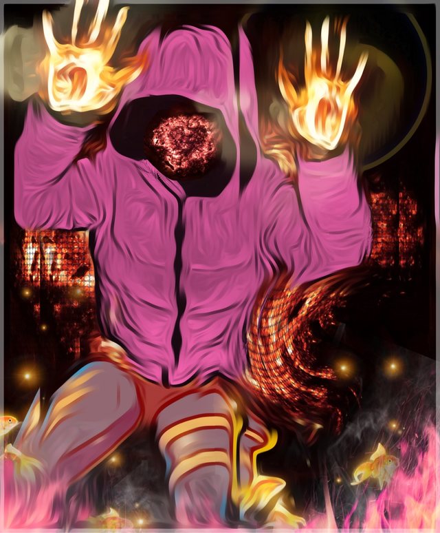Pink hooded figure surrounded by flames in a digital artwork