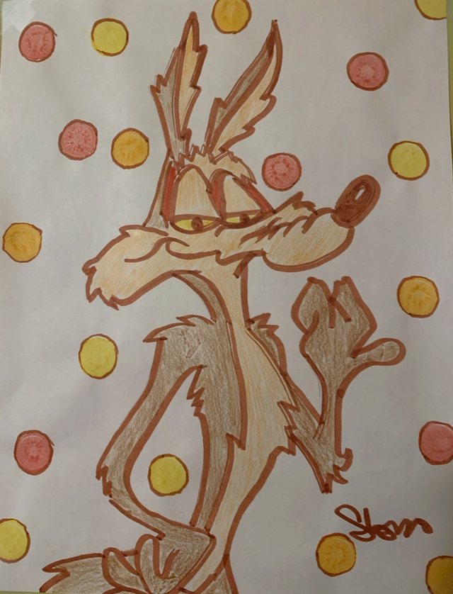 Wile E. Coyote character drawing with colored dots