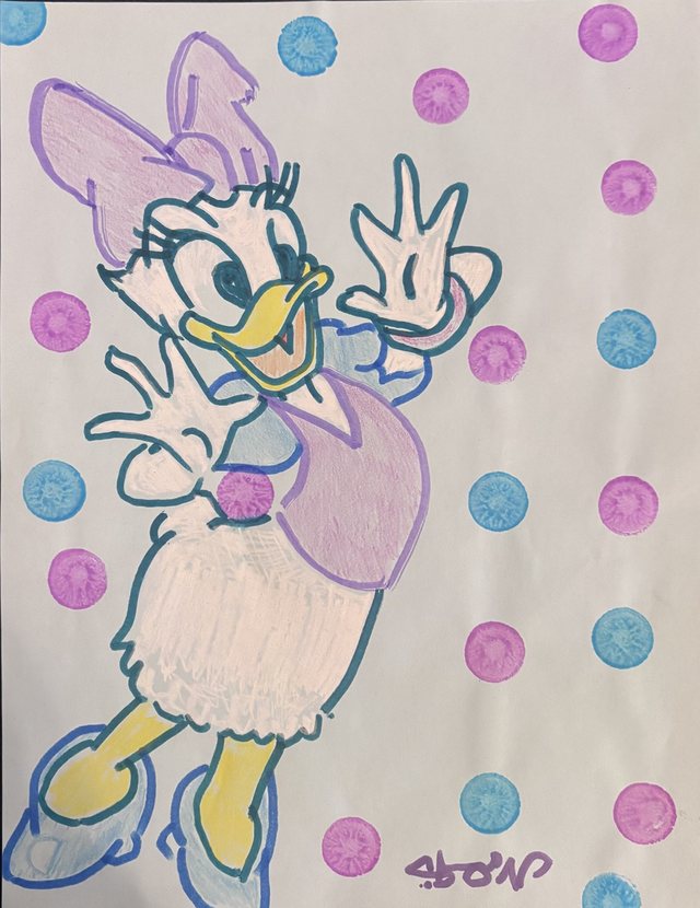 Colored drawing of Daisy Duck on a purple and blue polka-dot background