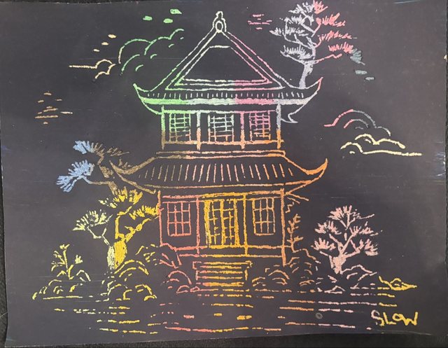 Etching, a colorful drawing of a pagoda and trees on a dark ground