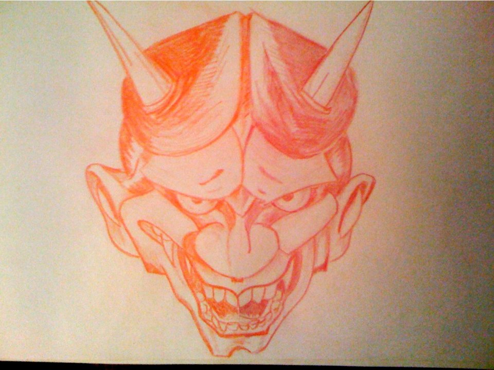 Red and orange colored pencil drawing of a Hanya mask