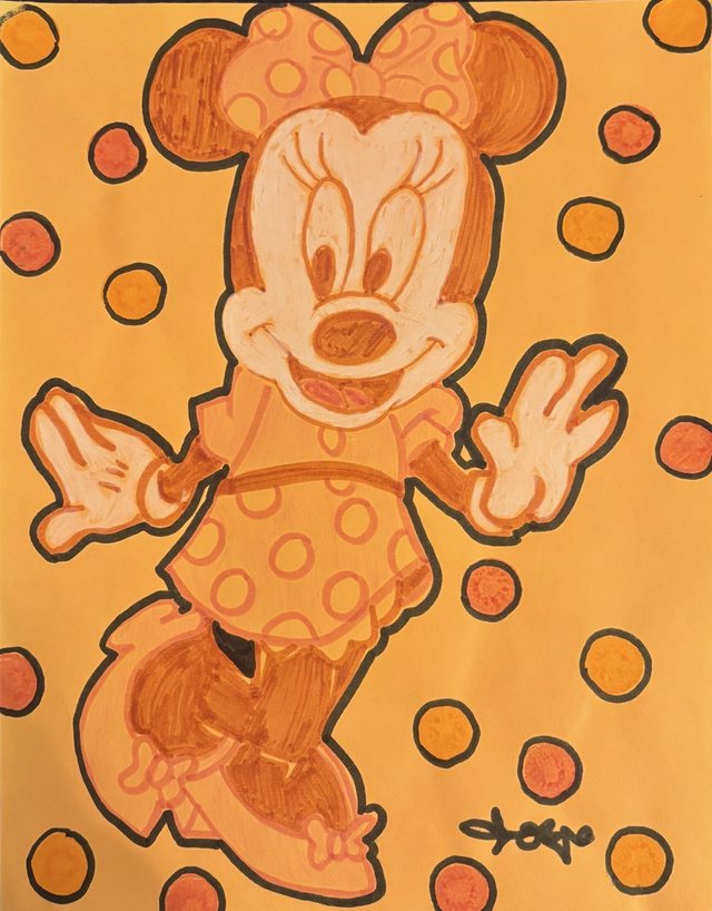 Colored drawing of Minnie Mouse on an orange polka-dot background