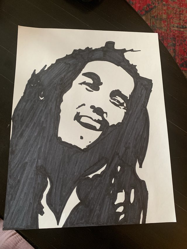 Black ink portrait drawing of Bob Marley