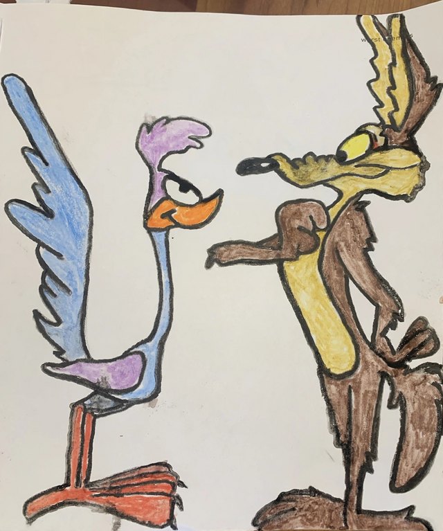 Colored character drawing of a roadrunner and coyote