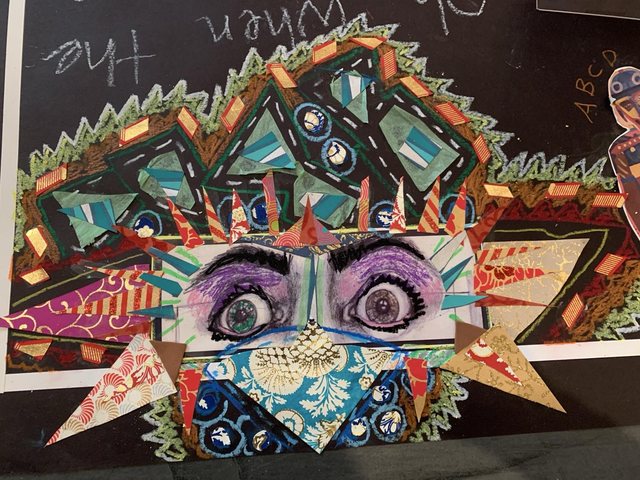 Colorful mixed-media face collage with geometric forms