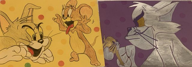 Panoramic colored character drawing in three panels