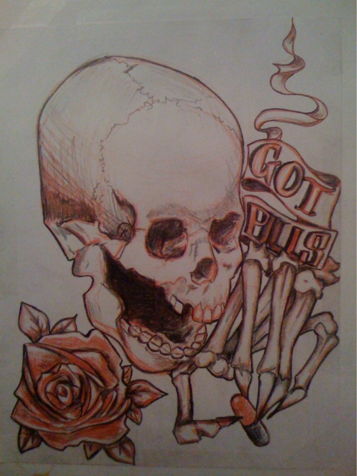 Colored pencil drawing of a skull with a rose, a skeleton hand holding a pill, and a GOT PILLS banner