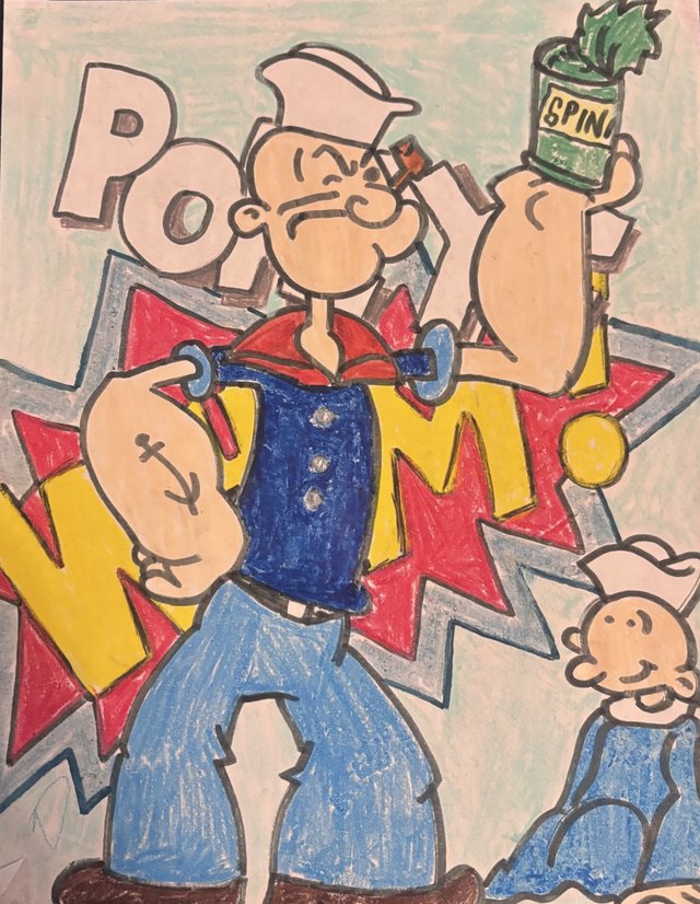 Colored drawing of Popeye flexing with a can of spinach in front of a POW starburst