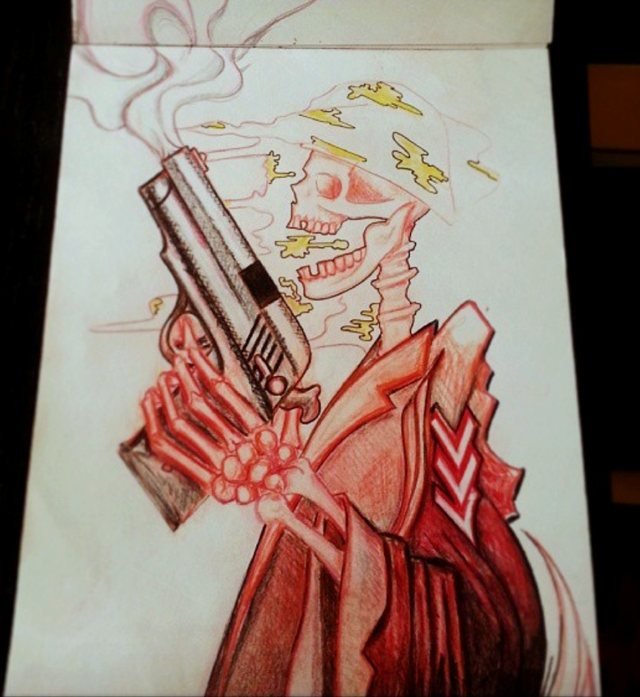 Skeleton in a suit holding a smoking gun
