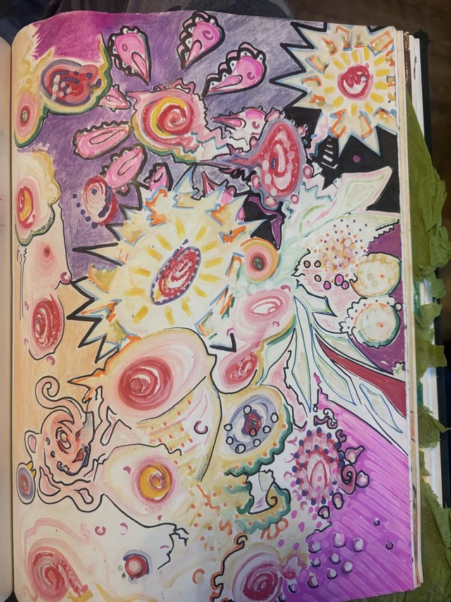 Psychedelic colored sketchbook drawing with swirling organic forms
