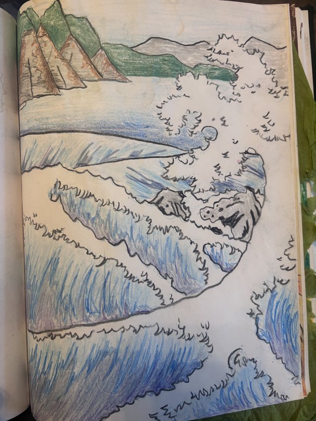 Colored sketchbook drawing of ocean waves and distant mountains