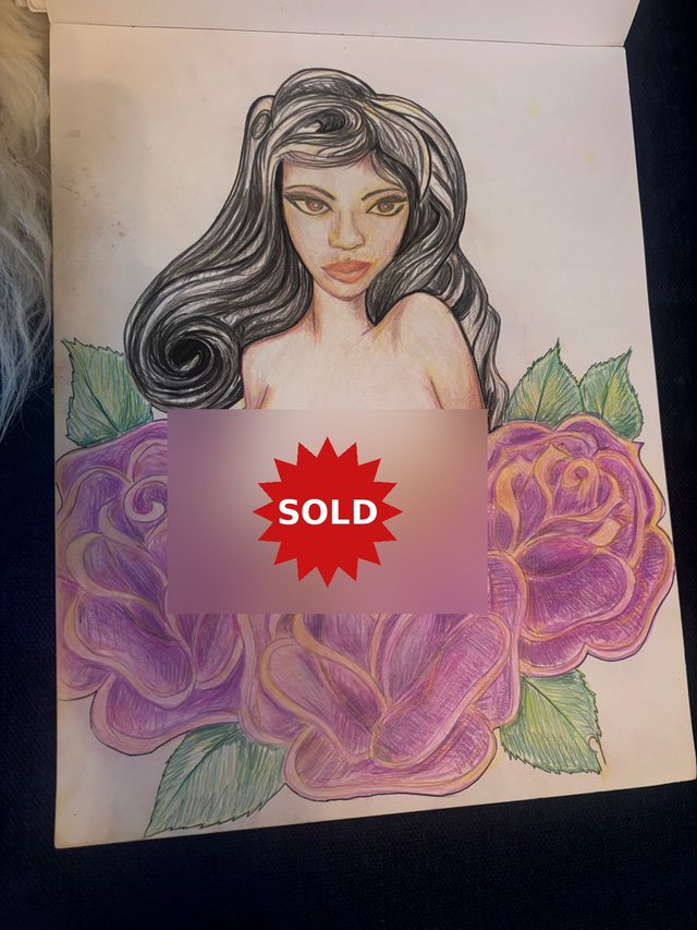 Colored drawing of a woman surrounded by large purple roses