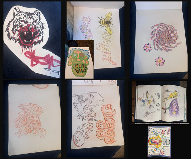 Collage of seven sketchbook images including a tiger, flowers and a bee, an eagle, ornamental studies, a colorful character-sketch spread, and a unicorn with wings, hearts, stars, and horseshoes