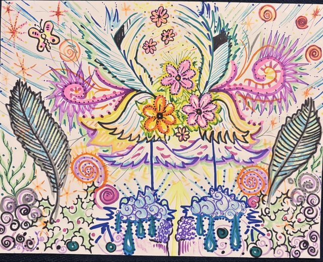 Sprung, a colorful drawing of spring flowers, feathers, and rain clouds