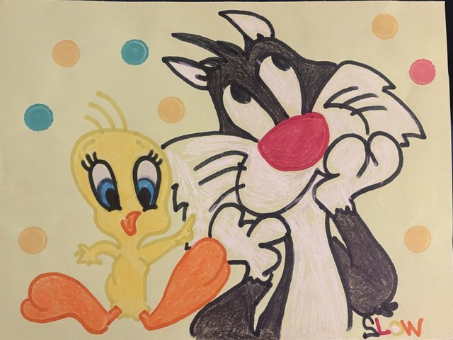 Colored drawing of Sylvester and Tweety with polka dots