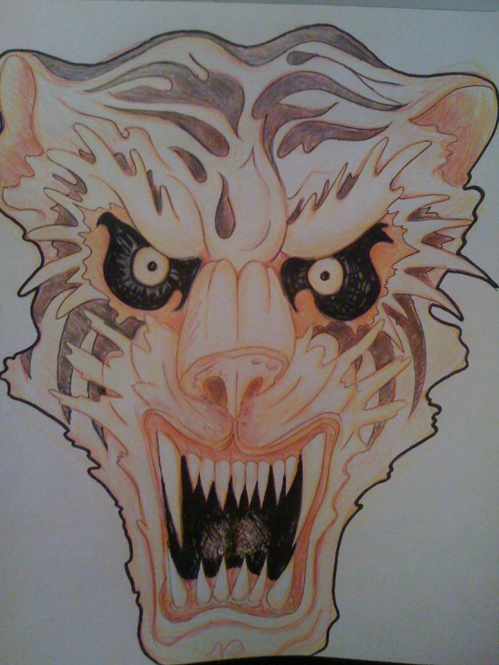 Colored pencil and marker drawing of a fierce tiger creature face