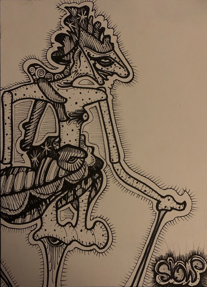 Wanderer, a black-and-white ink drawing of an abstract figure with a cane, signed SLOW