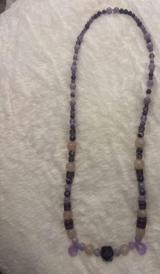 Purple amethyst and pink rose quartz beaded necklace