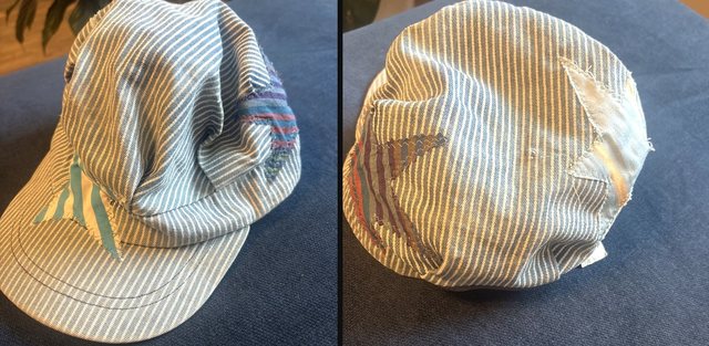 Front and back views of a blue-and-white striped cap with colorful patchwork panels