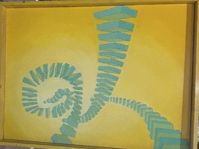 Stepz, a geometric spiral painting on yellow