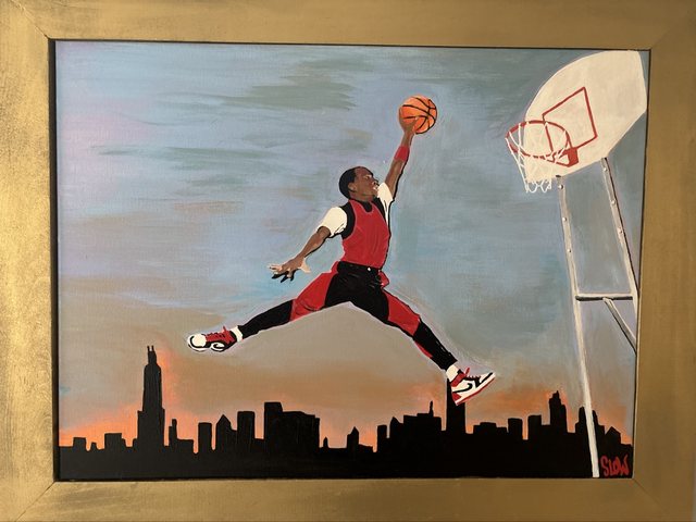 Jumpman, a basketball player dunking above a skyline